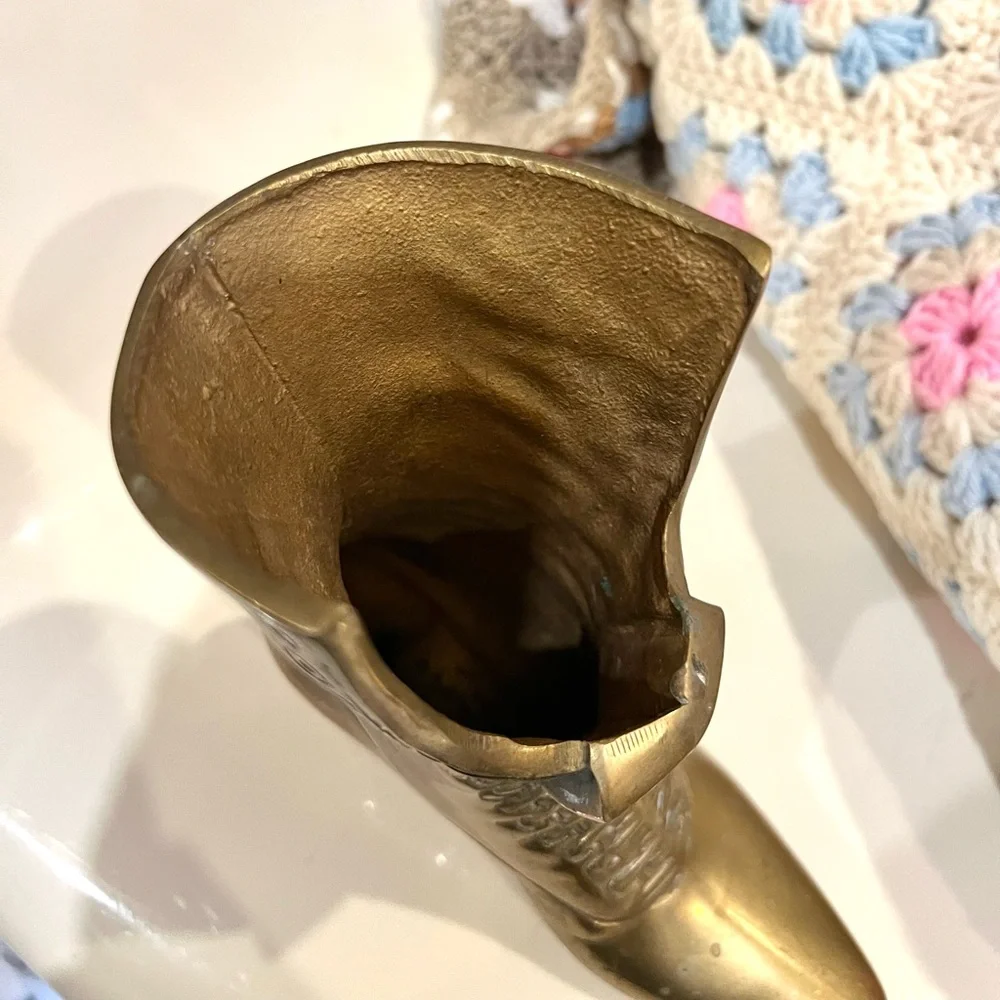 VINTAGE CAST BRASS BOOT WINDOW PLANTER VASE DECOR MID CENTURY MOD